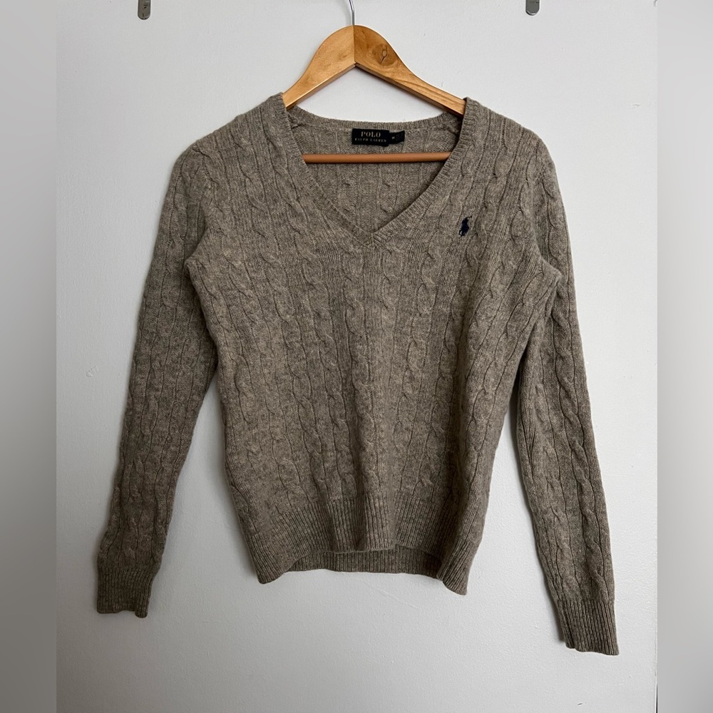 Polo by Ralph Lauren Women's Cable Knit V-Neck Sweater in Taupe